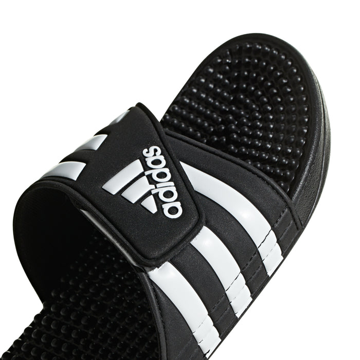 Men's black adidas slide sandal upper with hook-and-loop strap and white stripes
