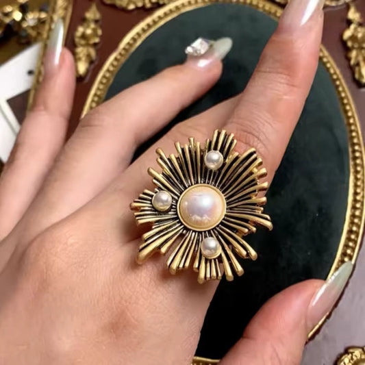 Adjustable Large Sun Finger Ring Antique Gold Women Cocktail Jewelry with Pearls