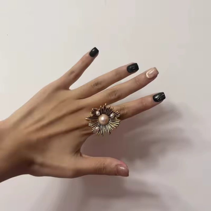 Adjustable Large Sun Finger Ring Antique Gold Women Cocktail Jewelry with Pearls