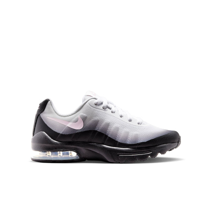 Youth running sneakers, side view with white/gray upper, pink swoosh, black sole