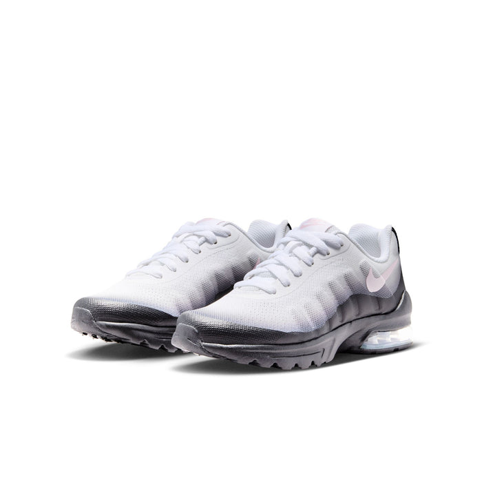 Pair of youth running sneakers, light gray knit with pink swoosh and black accents