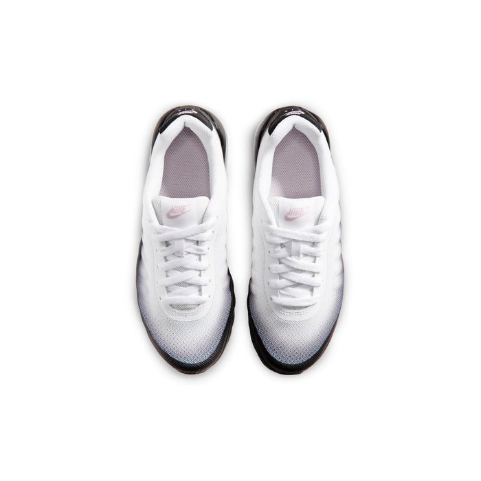 Youth sneakers, white knit upper with gray heel trim and pink swoosh detail