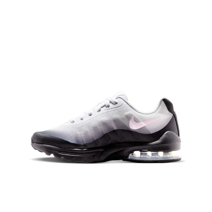 Youth running sneakers, light gray knit with pink swoosh and black Air sole