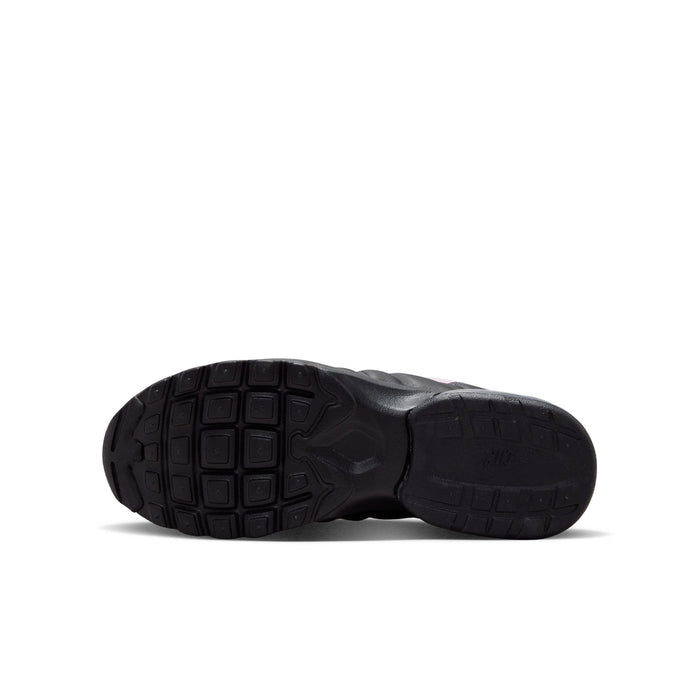 Youth shoe outsole, black rubber tread with traction pattern and logo