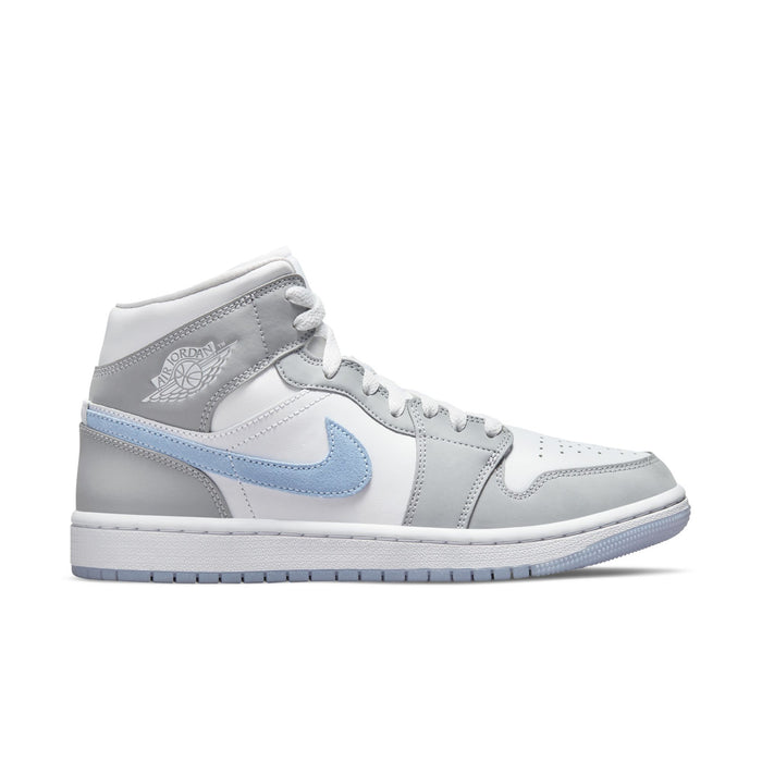Air Jordan 1 Mid women's sneakers, white with light gray and light blue accents