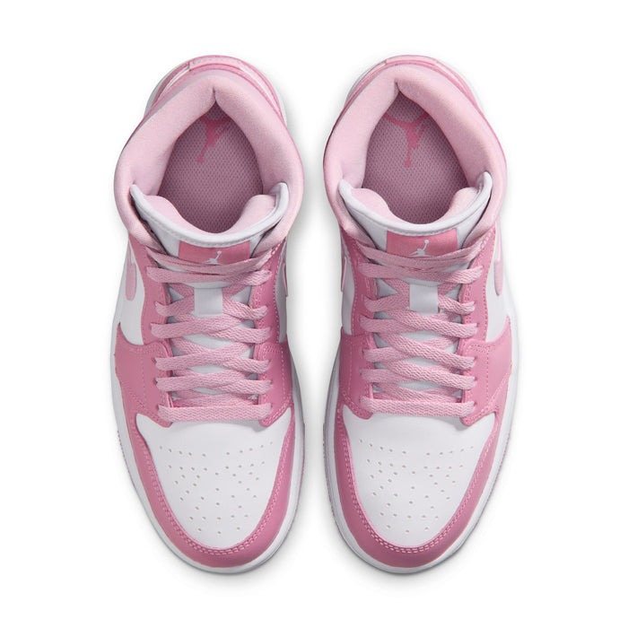 Women’s Air Jordan 1 Mid sneakers, pink and white with padded collar and lace-up front