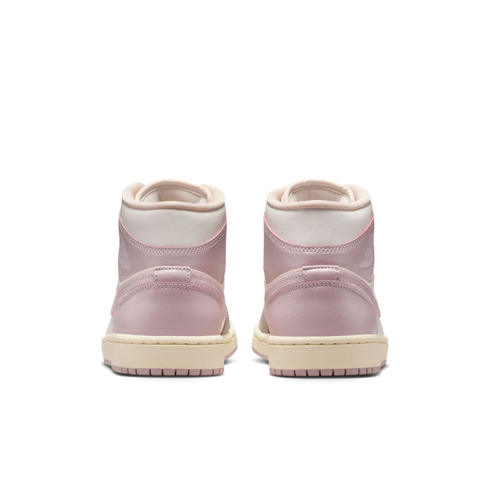Womens mid-top sneakers heel view in lavender and white with padded collar