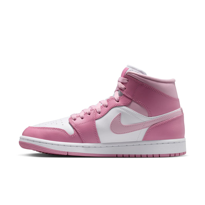 Women’s Air Jordan 1 Mid sneakers, pink suede-look panels and white Swoosh with laces