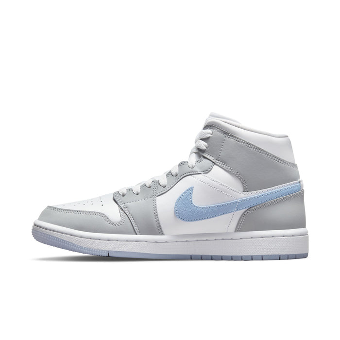 Air Jordan 1 Mid women's sneakers in white and light gray with light blue swoosh