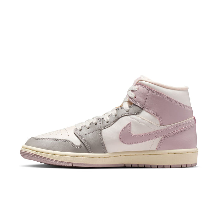 Womens mid-top sneakers side profile in white and lavender with stitched overlays