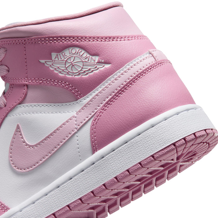Women’s Air Jordan 1 Mid heel detail, Wings logo on pink leather with white midsole