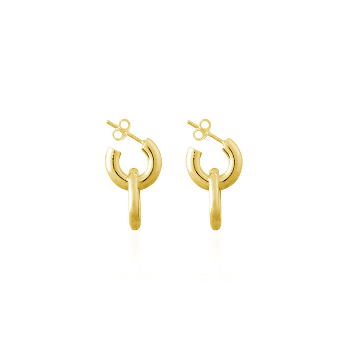 A pair of gold earrings featuring a double hoop design on a plain white background.