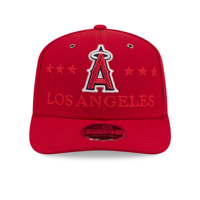 Red baseball cap with Angels logo, embroidered graphics, and adjustable snapback strap