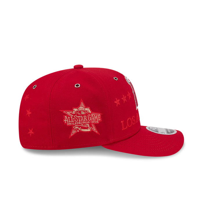 Red baseball cap, side view with All-Star Game star logo and embroidered text