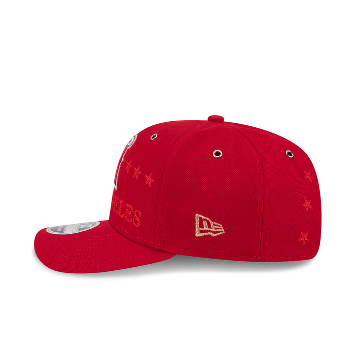Red baseball cap, front panel view with New Era flag logo and small star pattern