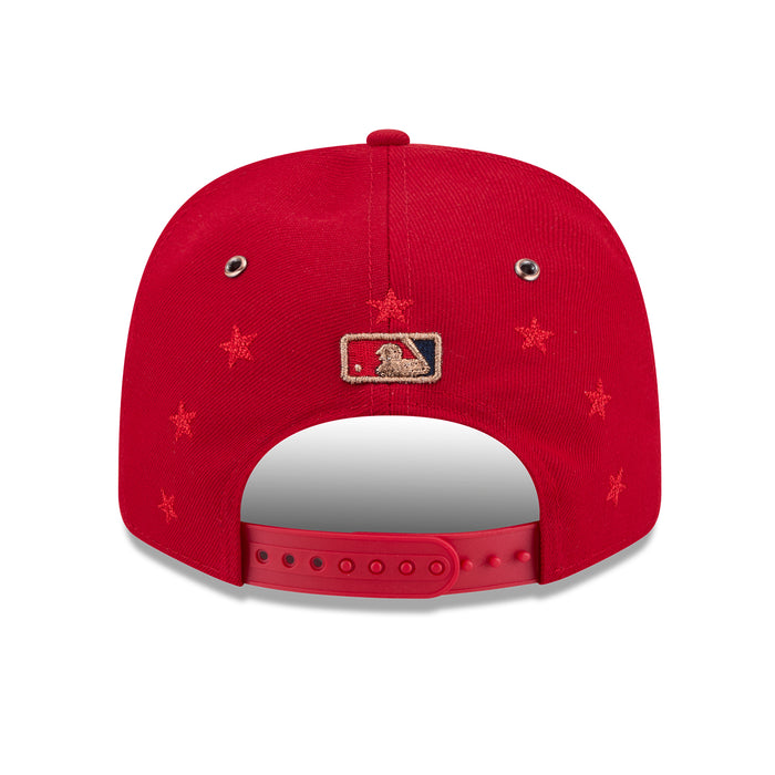 Red baseball cap back view with embroidered flag patch and snapback strap
