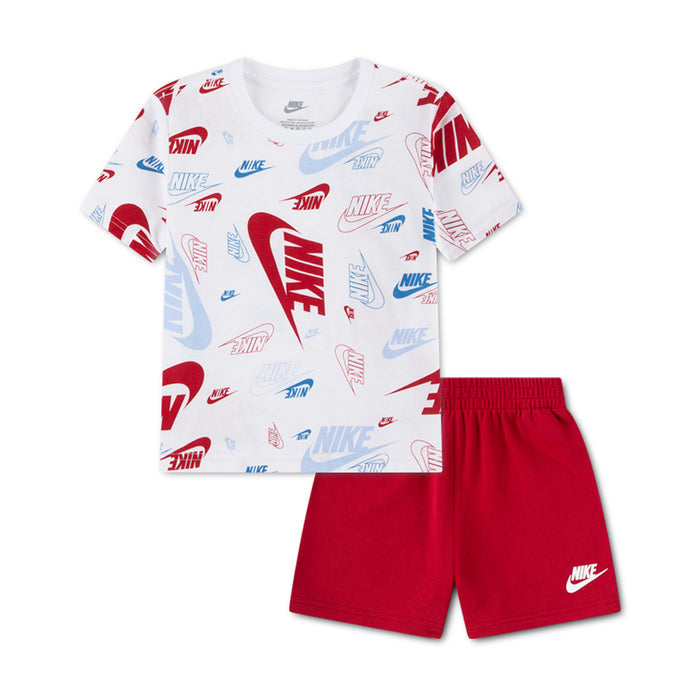 Toddler short set with white graphic Nike T-shirt and red french terry shorts