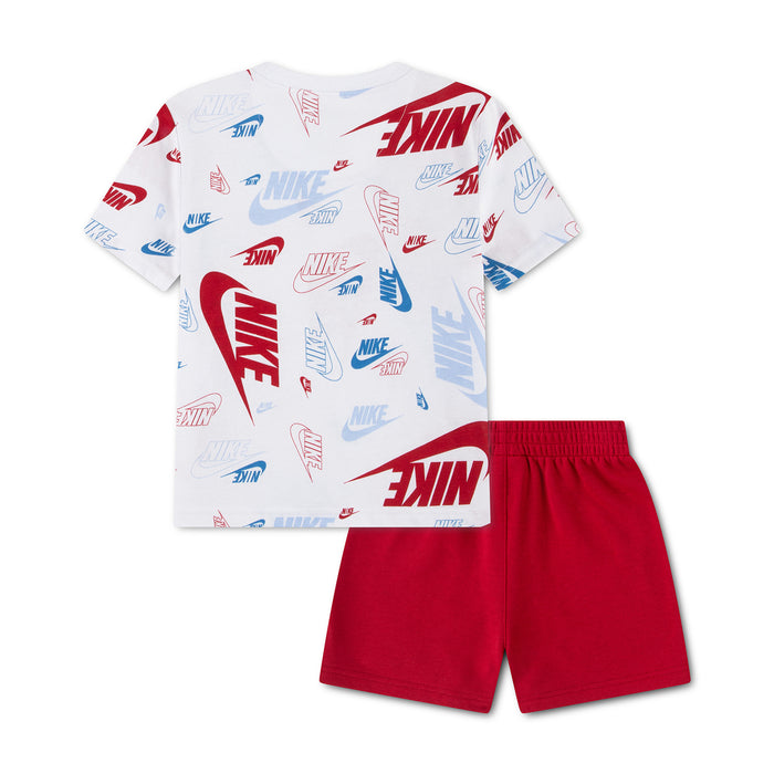Toddler short set: white Nike logo T-shirt with red french terry shorts, allover print