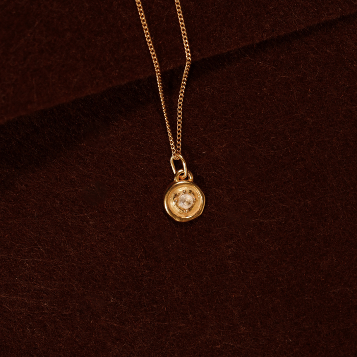 Gold necklace with a round pendant on a brown background