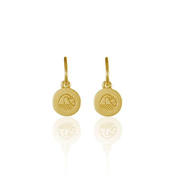 Small round gold earrings with a minimalistic geometric design and white background