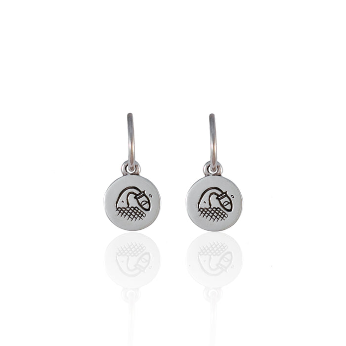 Small round silver earrings with a minimalistic geometric design and white background