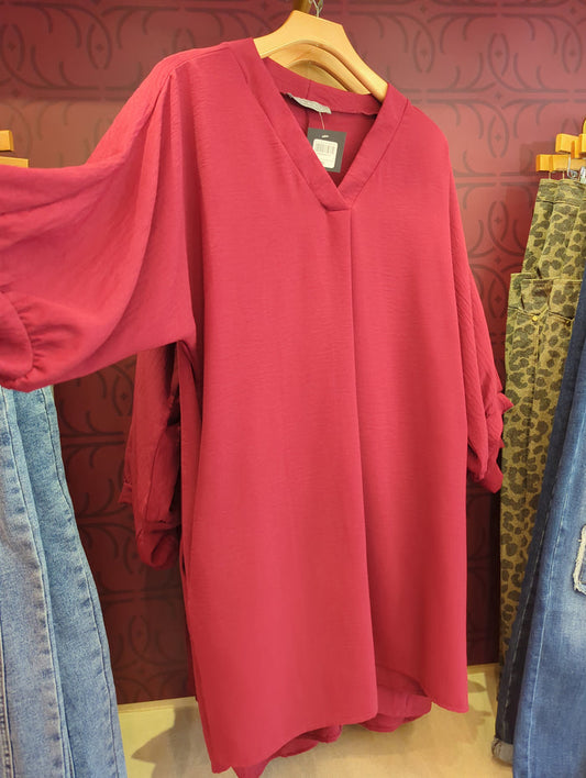 Burgundy Aria 3/4 sleeve dress by Miss B - Pixy & Ivy, featuring a fitted silhouette and elegant neckline, perfect for stylish occasions.