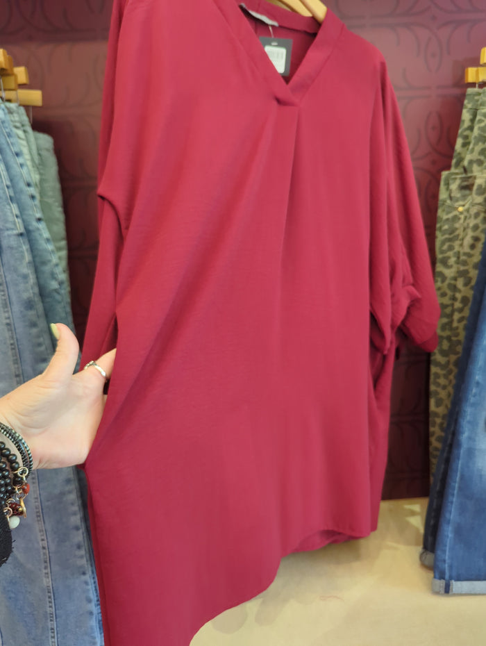 Burgundy Aria 3/4 sleeve dress by Miss B - Pixy & Ivy, featuring a stylish fit and elegant design, shown on a model.