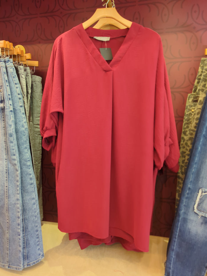Burgundy Aria 3/4 sleeve dress by Miss B - Pixy & Ivy, shown with a fitted silhouette and elegant design.