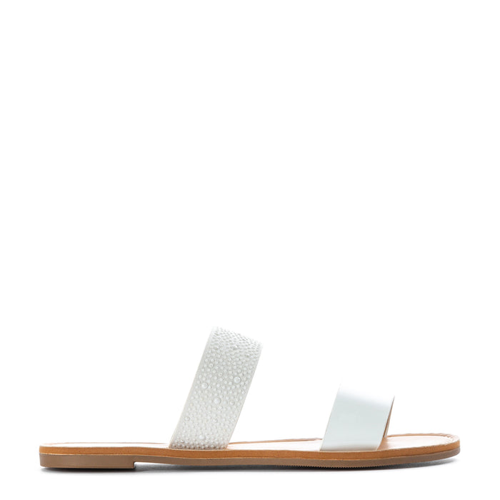 Women’s two-band slide sandals with white patterned strap and open toe