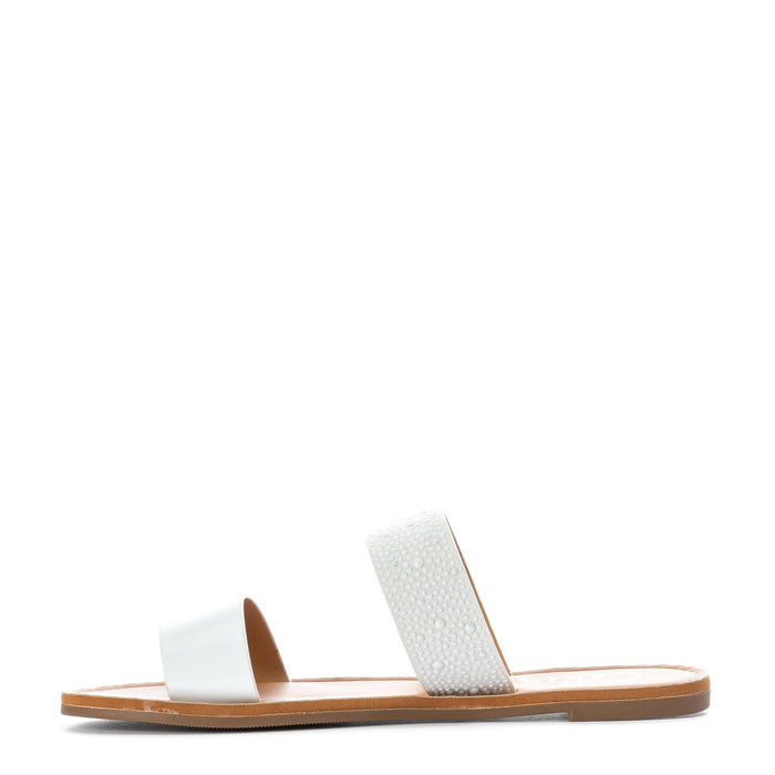 Women’s two-band slide sandals with white straps and textured mid band