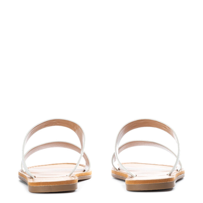 Women’s white two-band slide sandals with open toe and adjustable-looking straps