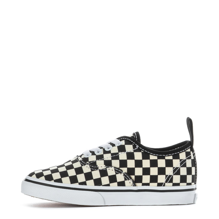 Toddler lace-up sneakers with black and white checkerboard canvas side panel
