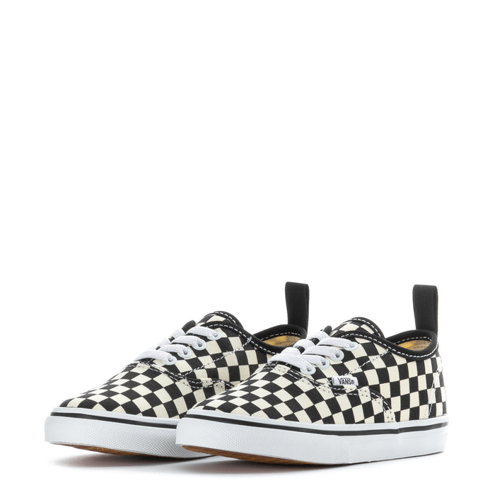 Toddler checkerboard lace-up sneakers, black and white canvas, two shoes shown