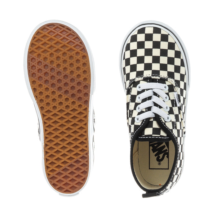 Toddler sneakers: checkerboard canvas upper with white laces and rubber outsole