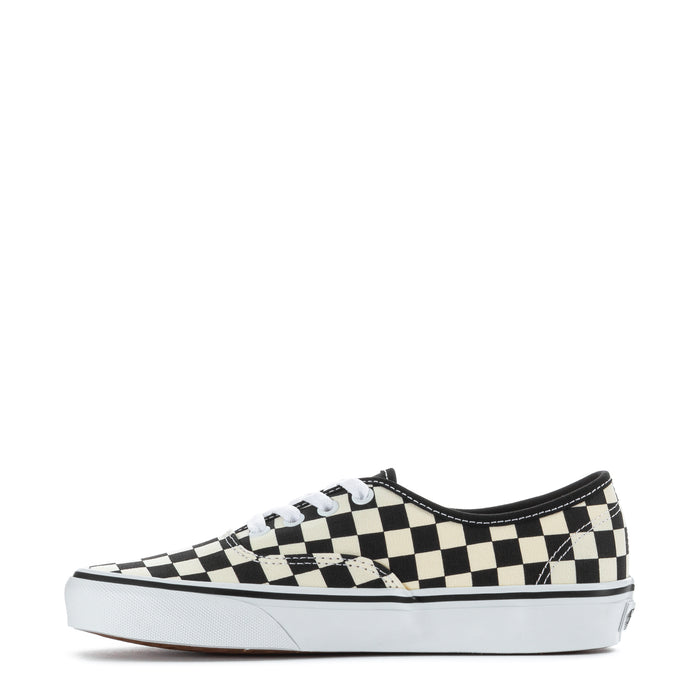 Youth checkerboard canvas lace-up sneakers in black and white, side profile view