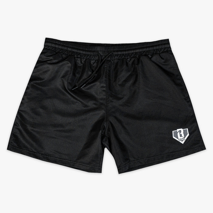 Black shorts with a BL101 logo on a white background