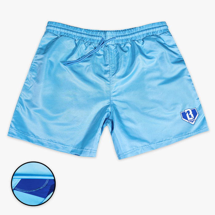 Light blue shorts with a BL101 logo on a white background