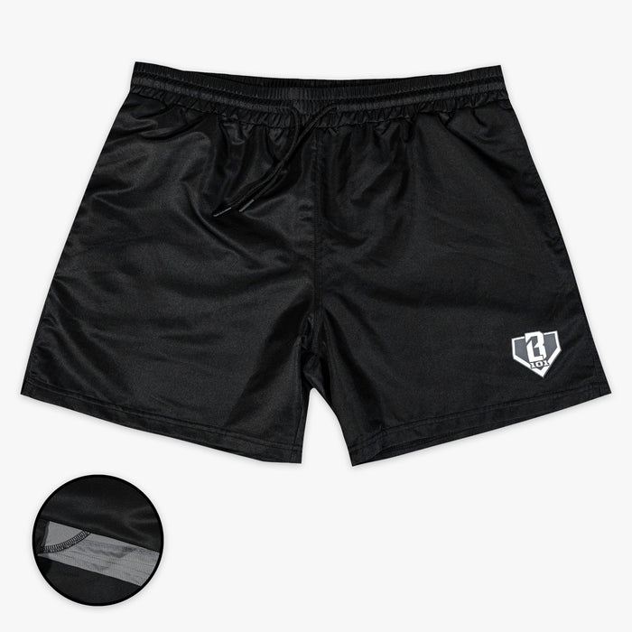 Black shorts with a BL101 logo on a white background