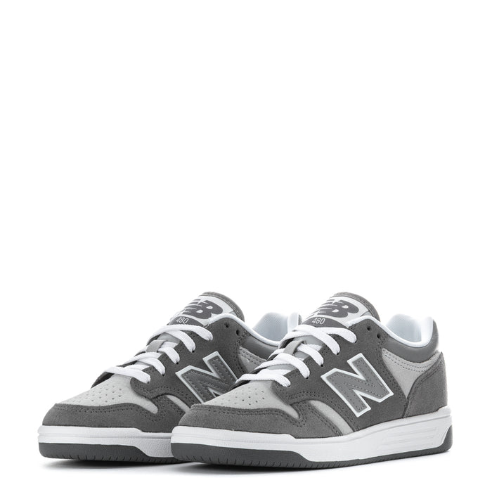 Pair of Kids' wide sneakers, gray suede upper with white laces and N logo
