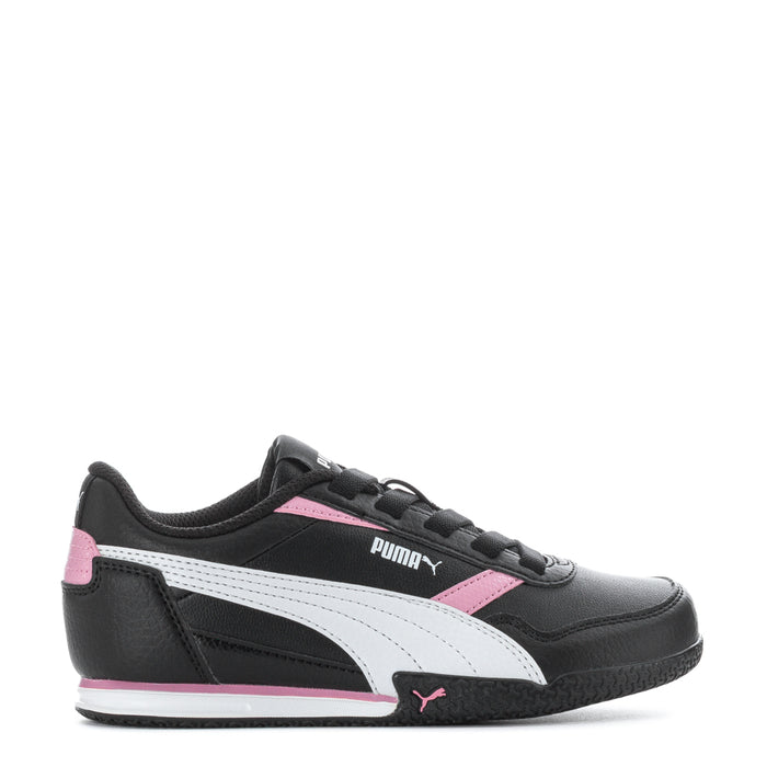 Kids black athletic sneakers with white Puma stripe and pink accents, lace-up