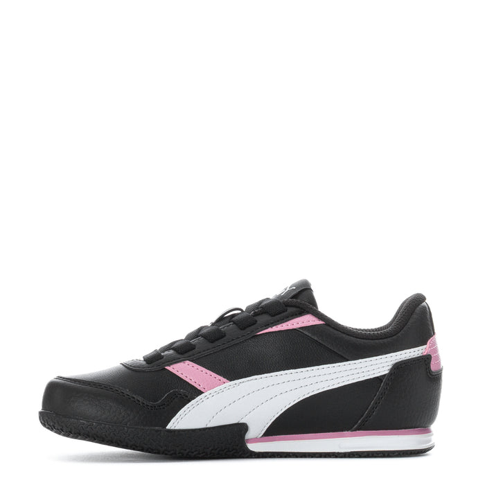Kids black-and-white Puma sneakers with pink heel panel, lace-up design