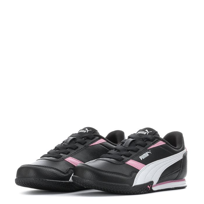 Kids black Puma sneakers with white stripe and pink accents, pair shown