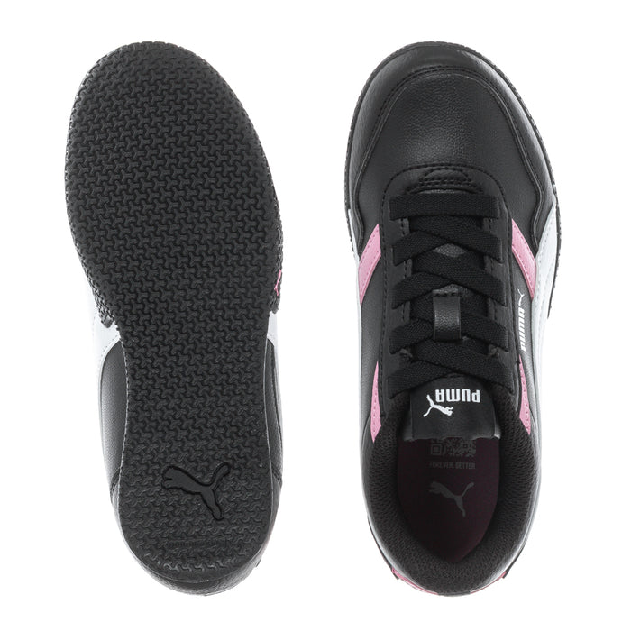 Kids sneaker outsole tread and inside view, black with pink trim and Puma logo