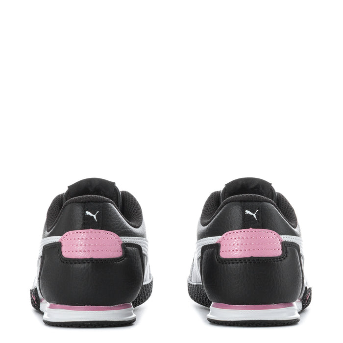 Kids black sneaker heels with pink tab, white side stripe, lace-up look