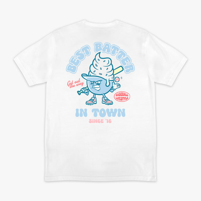 White graphic tee with “Best Batter” design — back view