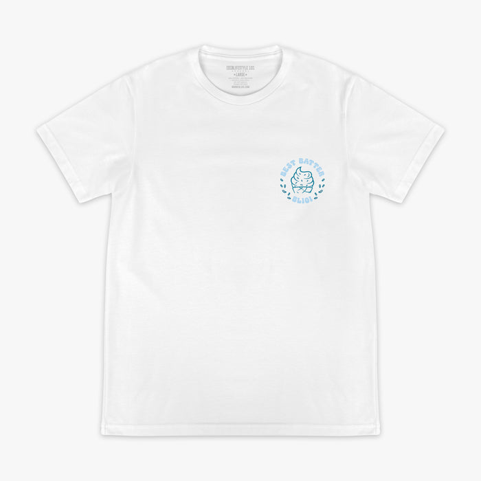 White graphic tee with “Best Batter” design — front view