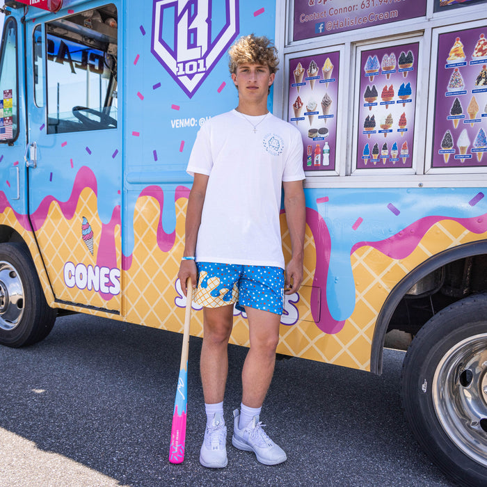 Adult model wearing white graphic tee with “Best Batter” design