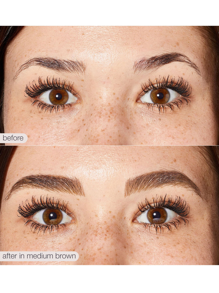 Before and after comparison of eyebrow and eyelash treatment on a person's face.