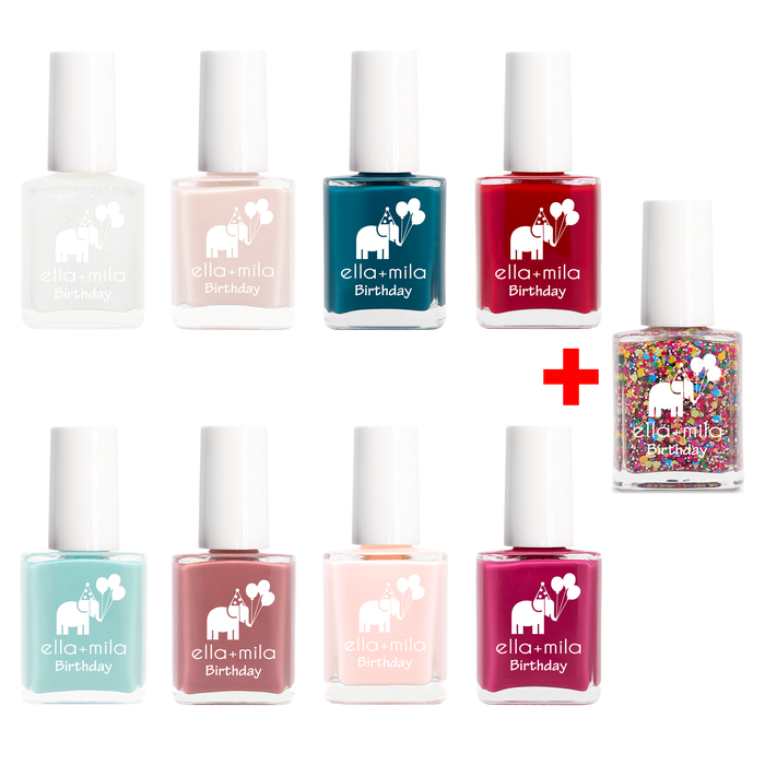Birthday Collection 8 nail polish bottles in glitter, nude, teal, red, turquoise, salmon, pink and wine plus bonus polish