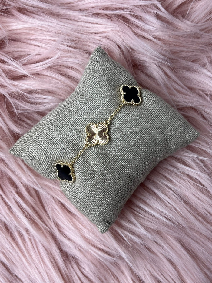 Black Enamel and Gold Clover Bracelet
